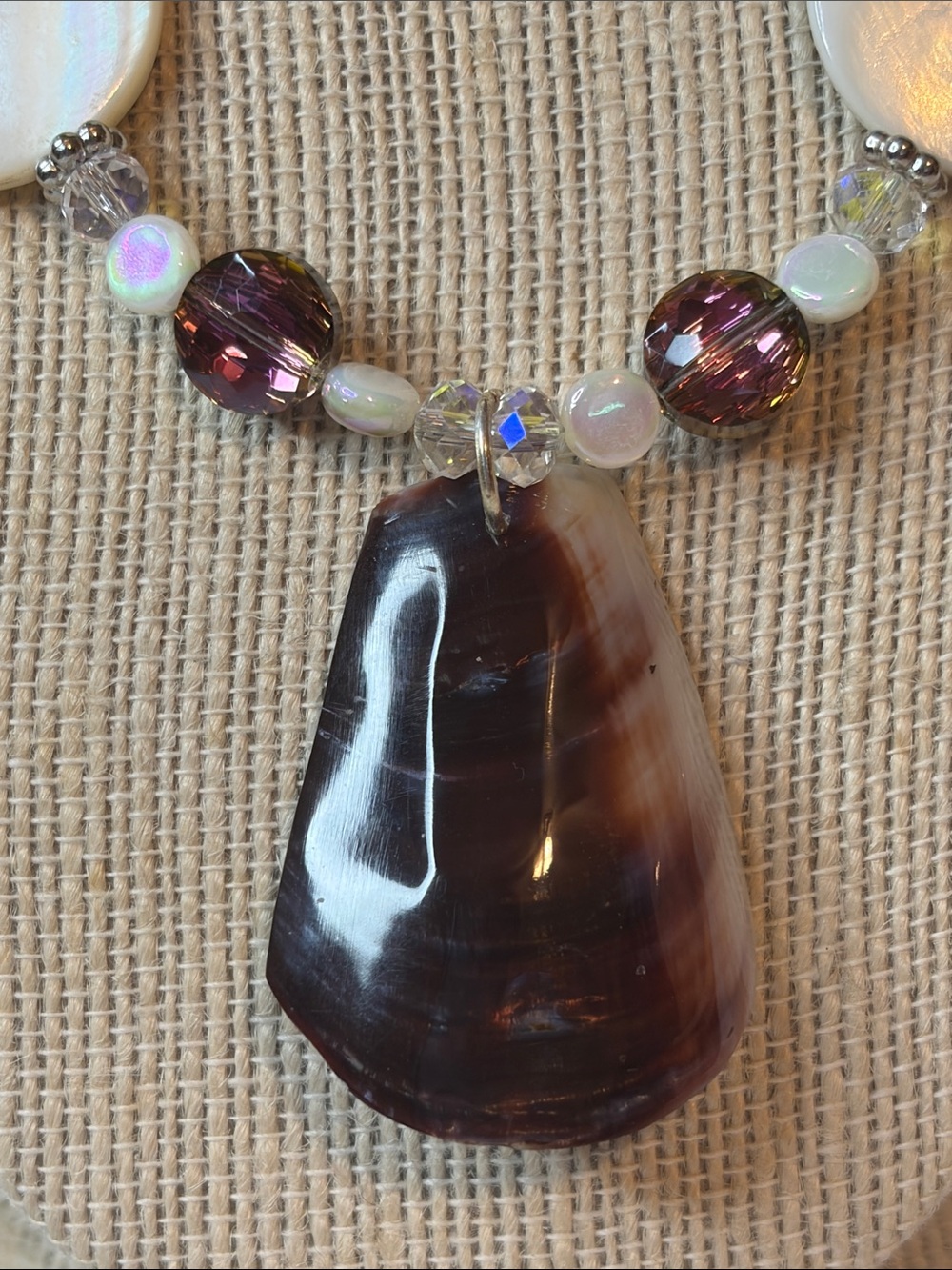 Handcrafted Plum/Cream Shell and Crystal Necklace and Earring Set - Picture 2 of 7